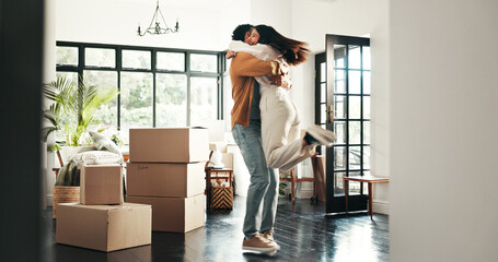 Celebration, hug and couple in new house, real estate and ownership of property with mortgage or...
