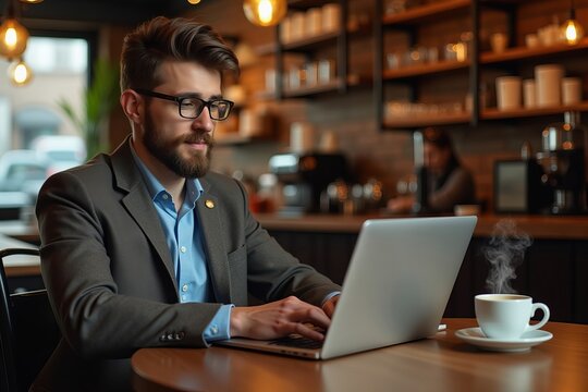 Employee Enjoying Coffee While Working on Laptop in a Relaxing Café Setting