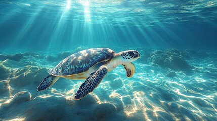 Fototapeta premium Sunbeams through clear water, solitary sea turtle gliding.