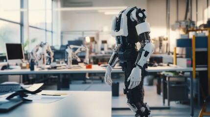 A robotics designer developing robotic exoskeletons for industrial applications, workshop with exoskeleton prototypes and tools visible, High-tech style