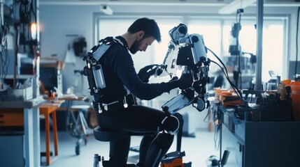 A robotics designer developing robotic exoskeletons for industrial applications, workshop with exoskeleton prototypes and tools visible, High-tech style