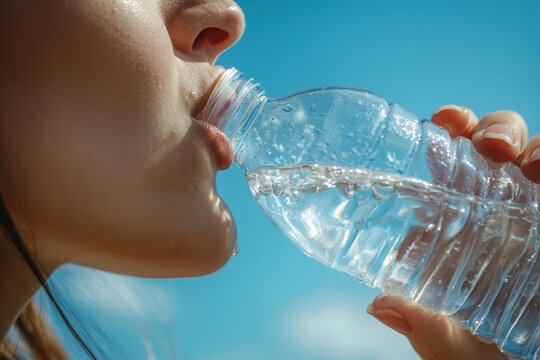Person Drinking Water from Bottle Against Blue Sky Background