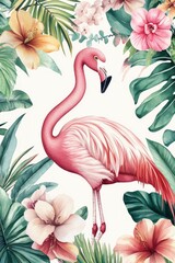 Obraz premium A graceful pink flamingo standing amidst tropical flowers and foliage