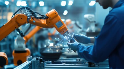 A robotics engineer assembling autonomous robotic arms, high-tech manufacturing plant with robotic components and assembly tools visible, High-tech style
