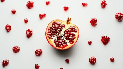 Pomegranate halves and seeds on white background (2)