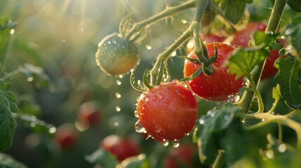 Fresh and Juicy Tomatoes on Vines with Water Droplets in Garden