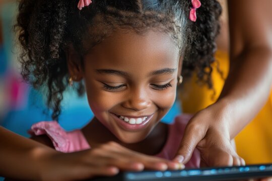 Young girl smiles while learning braille with assistance, displaying inclusivity, education, and accessibility