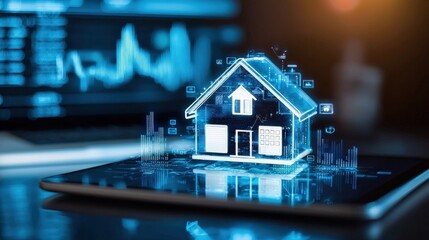 A holographic home appearing above a financial tablet