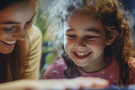 Smiling Girl Uses Braille Display with Caregiver, Promoting Accessibility and Inclusive Technology for Education