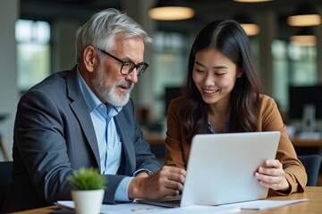 Fototapeta premium In a bustling office environment, two coworkers are captured in a candid moment discussing an online plan, with a middle-aged manager detailing a financial project to an Asian colleague on a laptop.