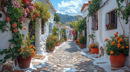 Obraz premium Sunlight bathes a quaint alley, illuminating whitewashed houses with vibrant flower pots, creating a serene and inviting atmosphere in a traditional Mediterranean village.