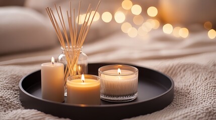 Cozy candlelit atmosphere with aromatic diffuser and warm glowing lights