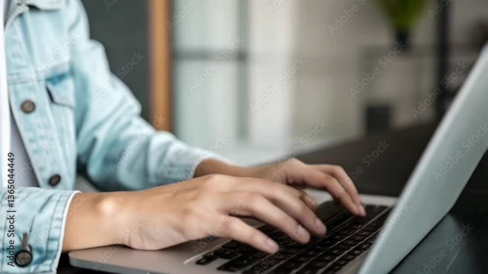 Poster Person typing on a laptop with document icons floating above the keyboard on a dark surface