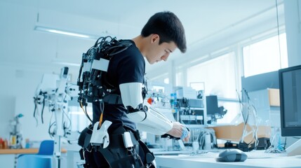 A robotics engineer designing exoskeletons for rehabilitation and mobility assistance, lab with exoskeleton prototypes and testing equipment visible, High-tech style