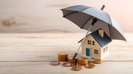 Model of umbrella with house and coins on wooden table concept of the system of insurance savings and the cost of health insurance