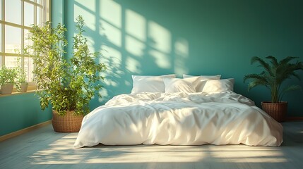 Sunlight casts window shadows on an empty bed with white sheets in a bedroom with a turquoise wall, creating a cozy and peaceful atmosphere.