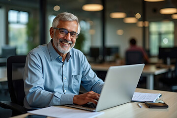 Fototapeta premium Elderly Indian Businessman Grinning at Laptop in Office Amidst Hustle and Bustle