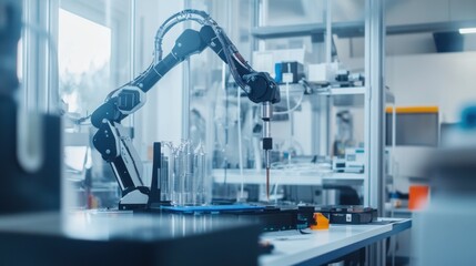 Fototapeta premium A robotics engineer designing robotic exoskeletons for physical therapy, tech lab with robotic exoskeletons and medical testing equipment visible, High-tech style