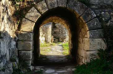 Fototapeta premium Venture through an ancient stone archway that opens a gateway to timeless architectural wonders magnificently