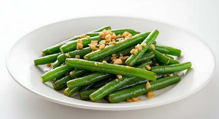 A serving of stir-fried Chinese green beans with garlic on a white dish