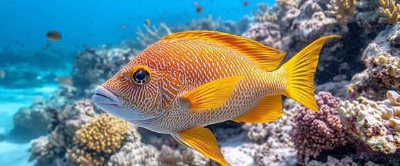 Orange fish swims coral reef ocean background