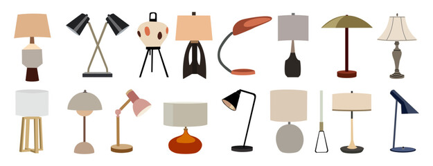Obraz premium Set of table lamps different shapes and colors. Office desk lamps, night bedside table lamps, retro mid-century modern desktop lamps. Vector illustrations isolated