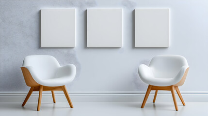 Modern Cafe Interior with Blank Art Canvas and White Chairs