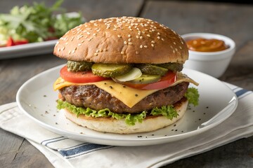 Classic Cheeseburger with Lettuce, Tomato, and Pickles