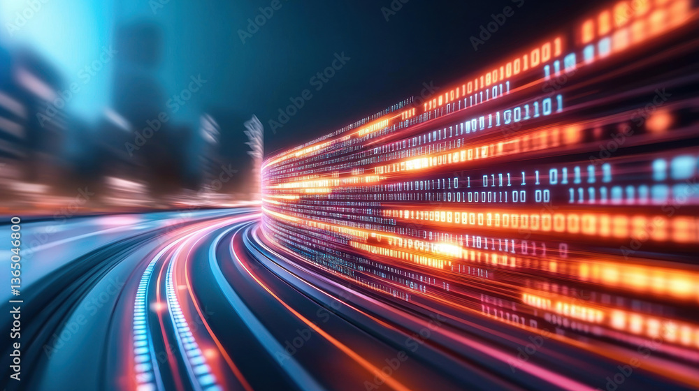 Poster futuristic neon data streams flow dynamically through cityscape, creating vibrant energetic digital 