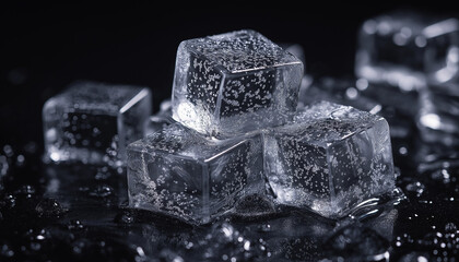 Crystal Clear Ice Cubes, Frozen Water, Dark Background, Cold Refreshment