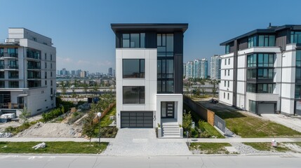 Modern townhouse exterior with cityscape backdrop. Home sale ad