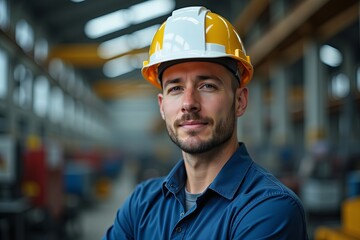 Portrait of a Caucasian engineer in a safety hardhat at a manufacturing facility.