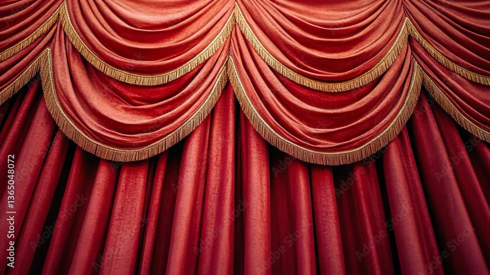 Poster rich red theater curtains create an elegant backdrop for a performance illuminated by soft stage lig