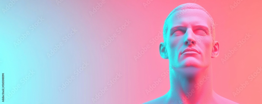 Poster abstract human figure bust in gradient colors with neon light effects for modern design projects