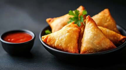 Deliciously Crispy Samosas Served on a Black Plate with Tomato Sauce and Fresh Coriander Garnish, Perfect for Snack or Appetizer Ideas