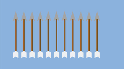  A clean and simple illustration featuring a neat row of ten identical arrows pointing upwards against a solid blue background.