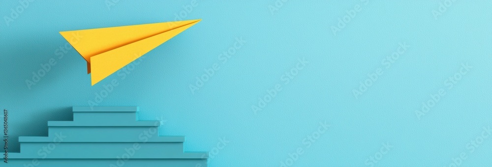 Poster yellow origami airplane taking flight from blue steps in a textured cyan background symbolizing prog