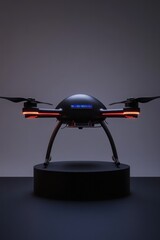 Sleek drone design showcased on pedestal, illuminated by ambient