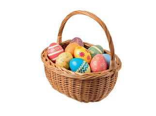 Naklejka premium Colorful painted Easter eggs resting in a rustic wicker basket, PNG cutout with a white transparent background for seamless digital use