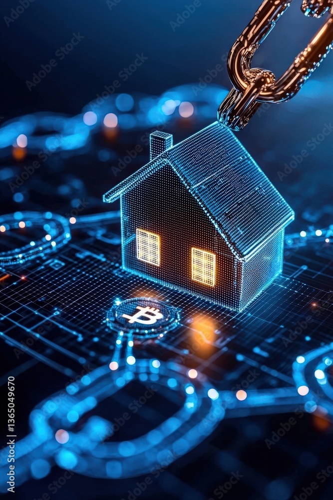 Poster a house being constructed digitally through a blockchain system