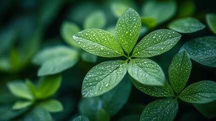 Vibrant Green Leaves Dew Drops Nature Photography Lush Foliage Fresh Spring Botanical Garden Plants Greenery Background Closeup Detailed Texture      