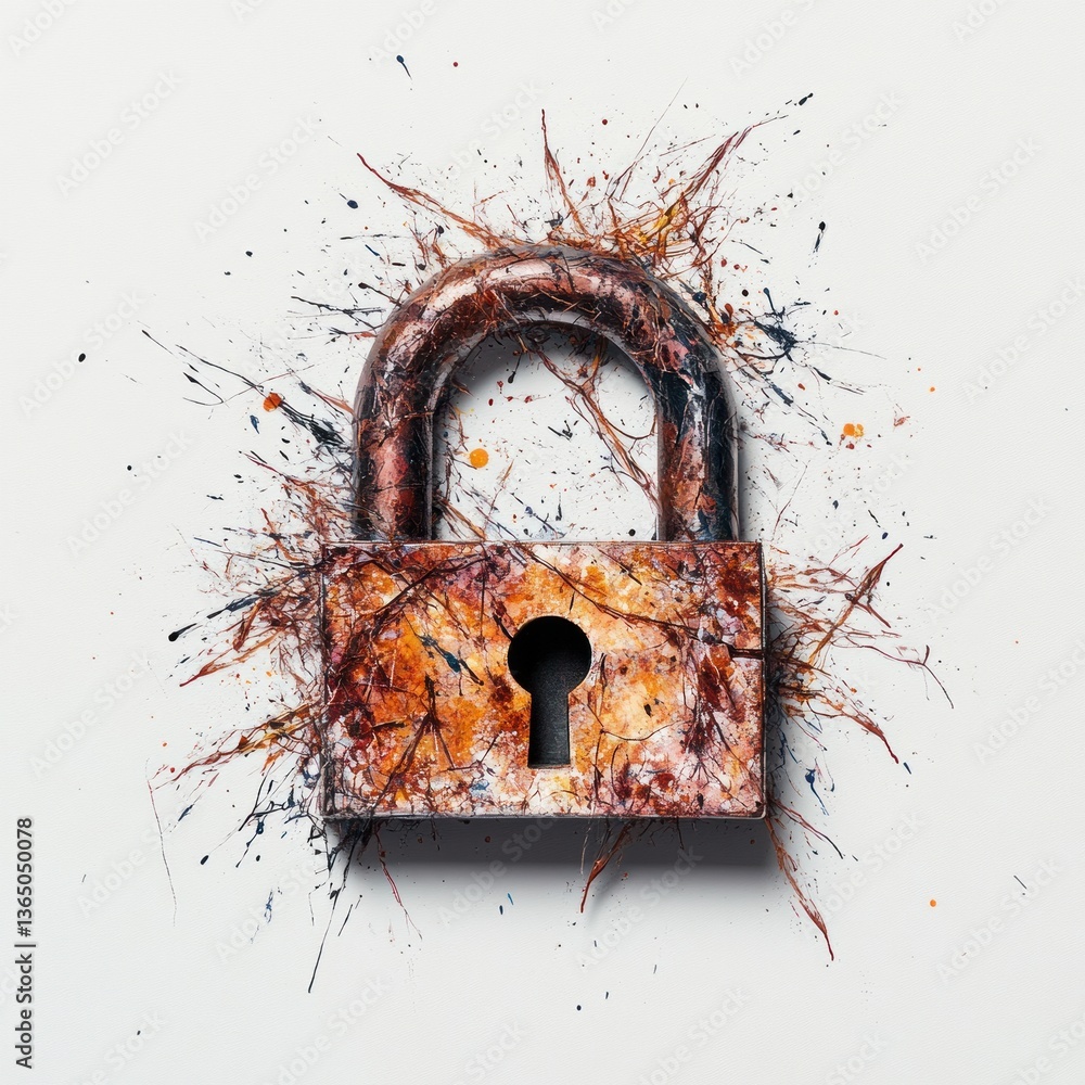Poster artistic representation of a vintage padlock surrounded by colorful paint splashes and texture