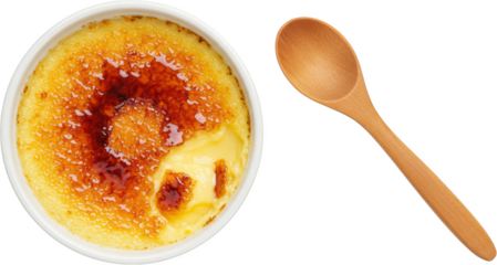 Delicious Cr me br l e dessert in a ramekin with a wooden spoon overhead shot