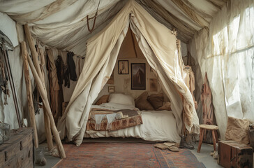 Innovative explorer’s base camp bedroom with a tent entrance blending rugged adventure and creative design