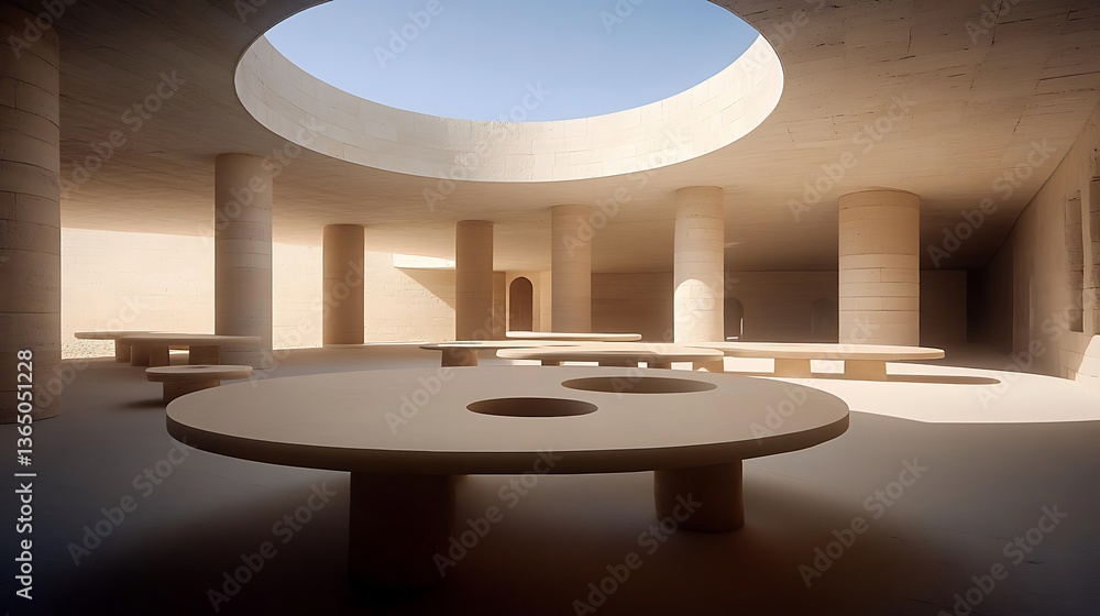 Poster open spacious modern interior features circular tables and architectural columns