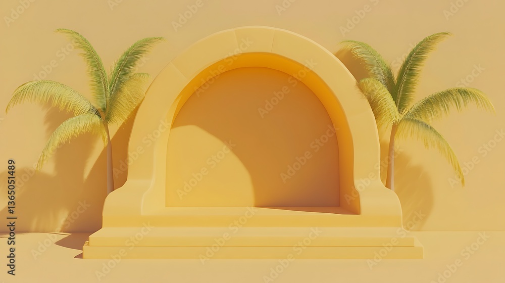 Poster an archway with palm trees against a warm colored background
