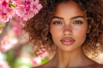 Naklejka premium Commercial digital ads idea. Attractive brazilian young woman surrounded by cherry blossoms. Spring mood, dark night and warm mystic light - complementary lighting.