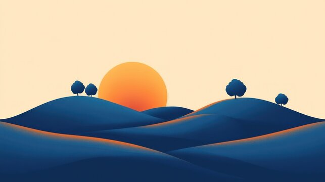 Sunset over rolling hills; peaceful landscape; digital art; background image