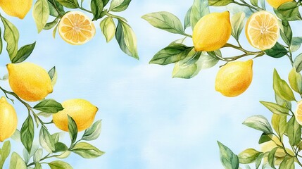 Watercolor Lemon tree branches seamless border,lemon set On a white background,Summer citrus fruit,Juicy colors,Hand drawn lemon set,Botanical illustration collection,Whole lemons,banner menu drink.