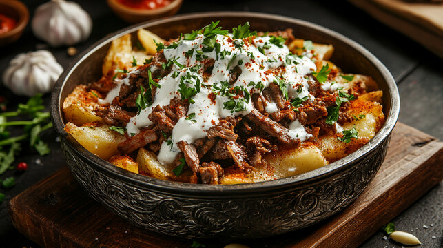 Delicious turkish dish alinazik kebab, grilled meat served over smoked eggplant puree
